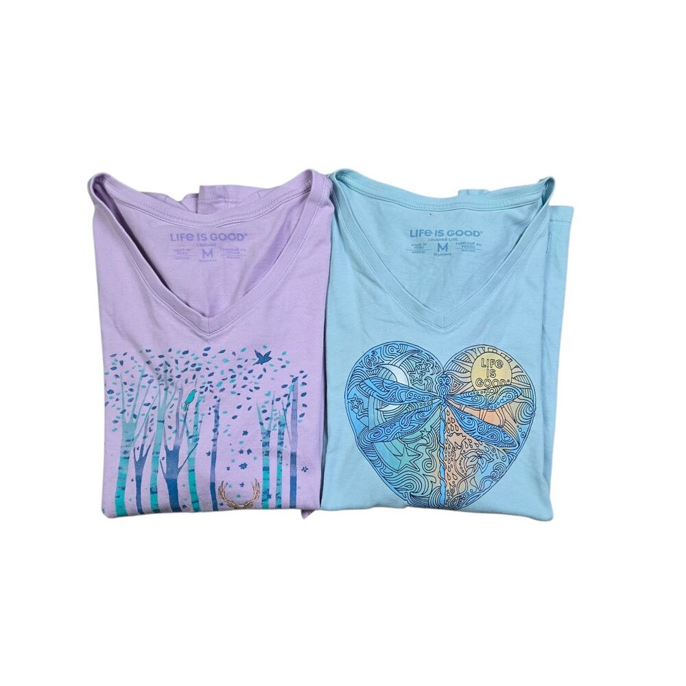Life is Good V-Neck T-Shirt Bundle Deer & Dragonfly Women's M